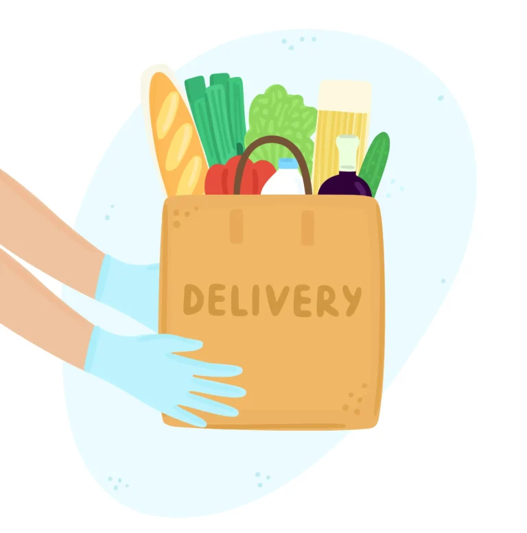 Delivery bag filled with groceries being handed to someone, representing a senior food delivery service.